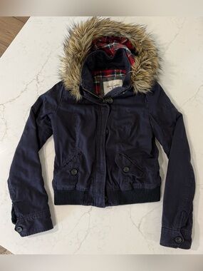 Y2K Abercrombie & Fitch Fur Hood Plaid Lined Navy Bomber Women Medium McBling